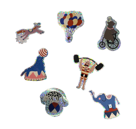 Karin Lena Schmid - Stickerset "7 Glitzersticker ‚Sternenpony, Ballone, Bär auf Rad, Seehund, Stark, Leo auf Ball, Elefant"