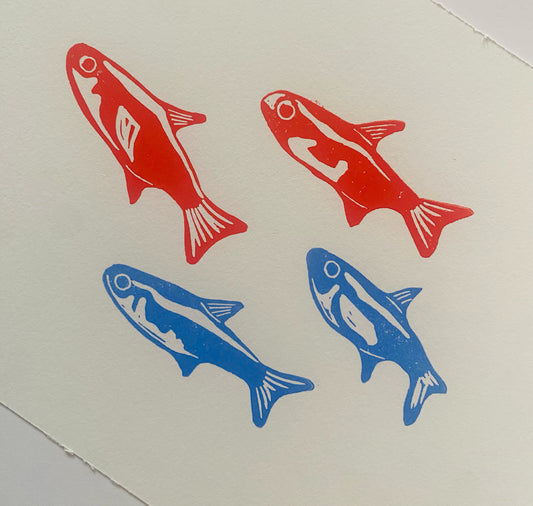 GINNY - Karte „Die Neonsalmler Rot-Blau“, Linoldruck