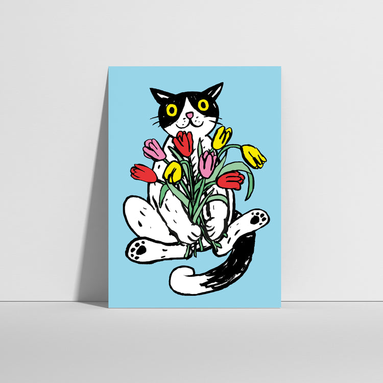 Anna-Lisa Schneeberger - Postkarte "Büsi mit Tulpen"