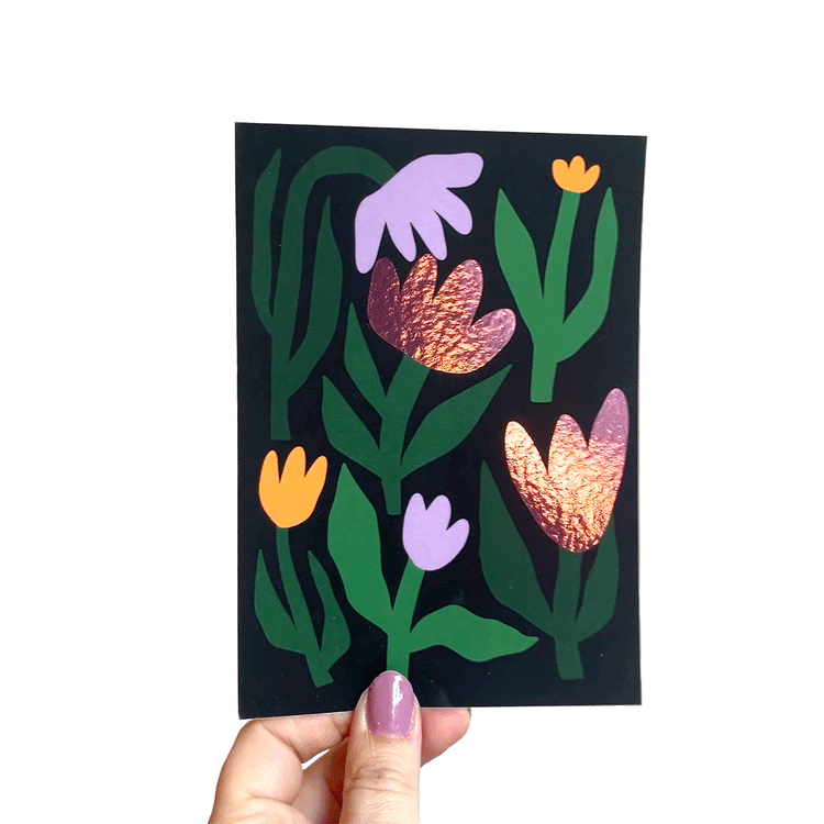 Jolanda Epprecht - Postkarte "Tulpen auf Schwarz“ mit Glanzfolie