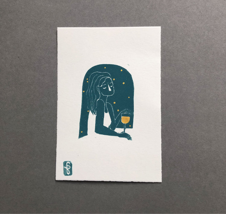 arion illustrated - Carta Linoleografia Originale "Vino Dorato - Petrolio"