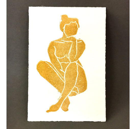arion illustriert - Karte Original Linoldruck "goldene Frau"