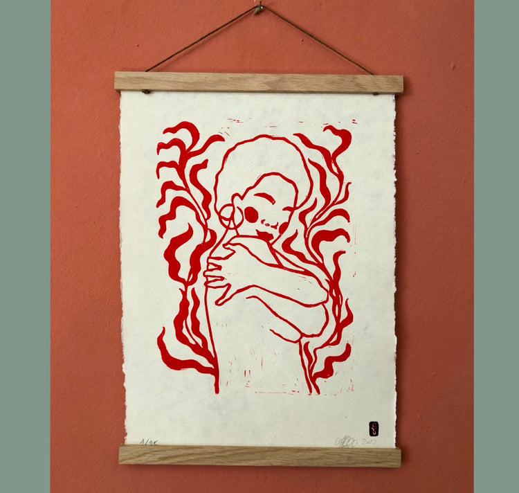 arion illustrated - Stampa linoleografica originale "Embrace"