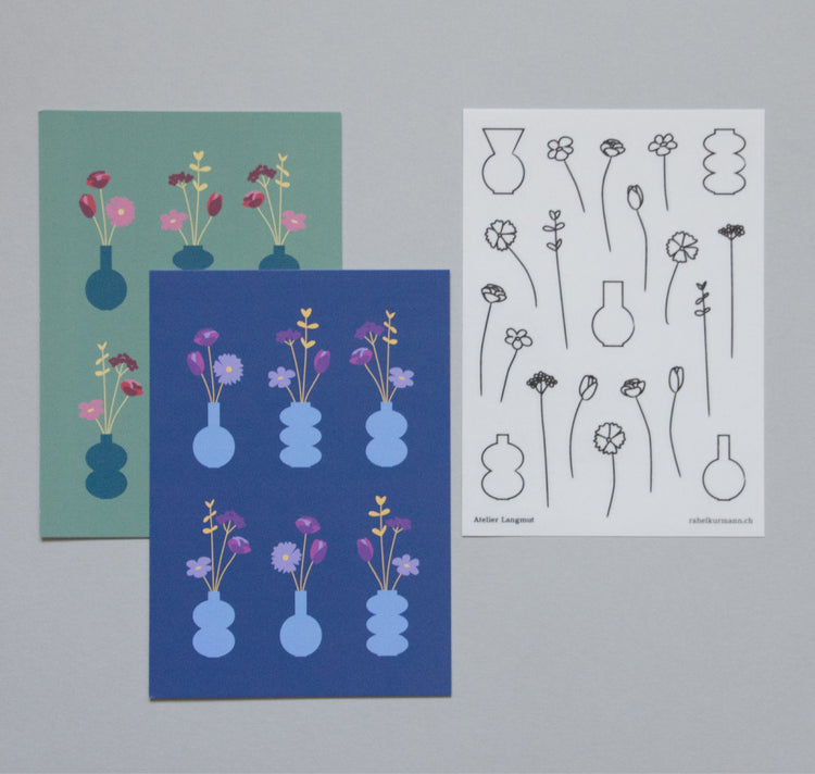 Atelier Langmut - Postkarten- und Stickerset "Blumenvase"