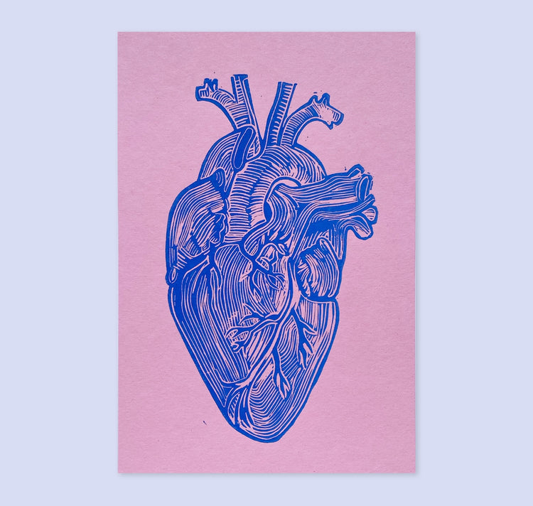 GINNY - Carte „Das blaue Herz“, linogravure