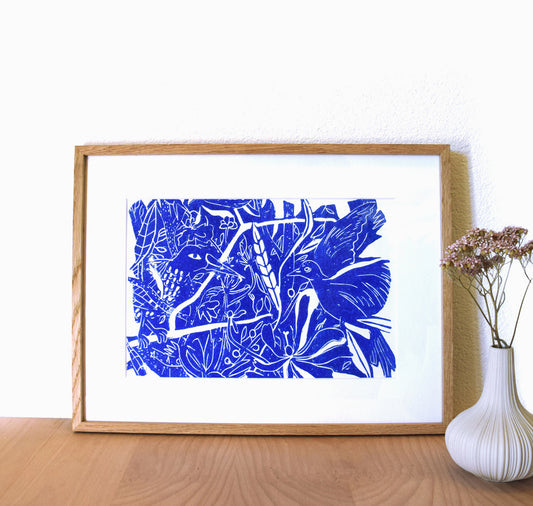 Cynthia Häfliger - Linocut print "Birds in blue" 