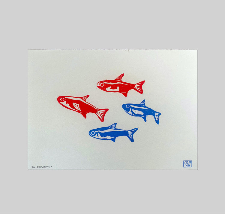 GINNY - Karte „Die Neonsalmler Rot-Blau“, Linoldruck