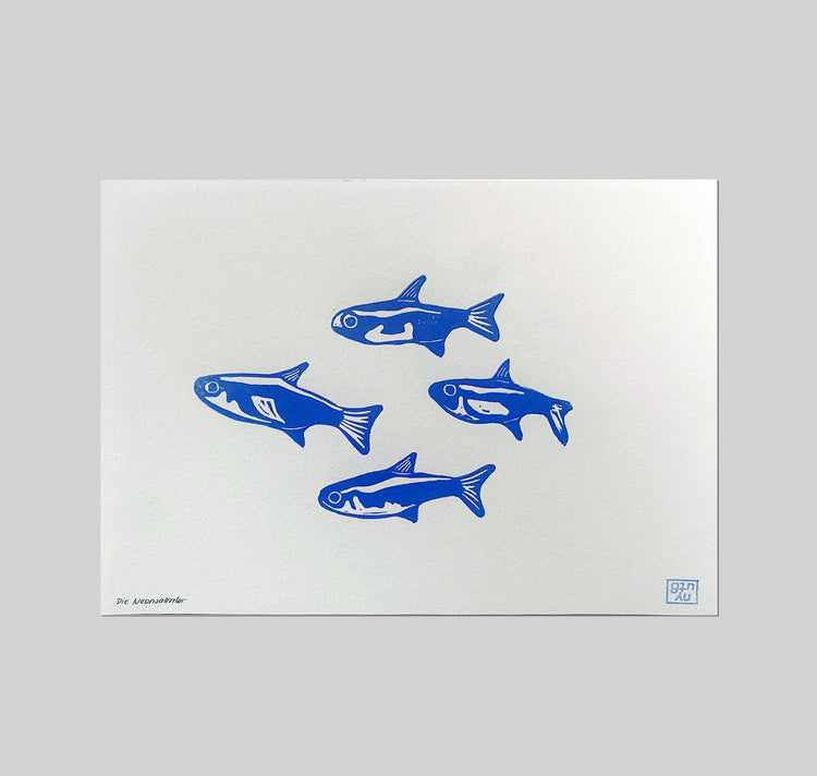 GINNY - Karte „Die Neonsalmler Blau“, Linoldruck