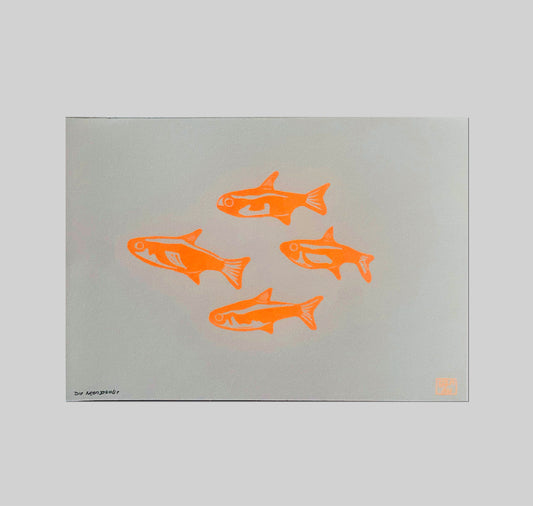 GINNY - Karte „Die Neonsalmler Neon-Orange“, Linoldruck