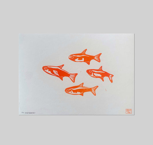 GINNY - Karte „Die Neonsalmler Orange“, Linoldruck