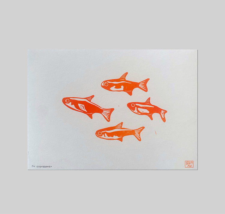 GINNY - Karte „Die Neonsalmler Orange“, Linoldruck