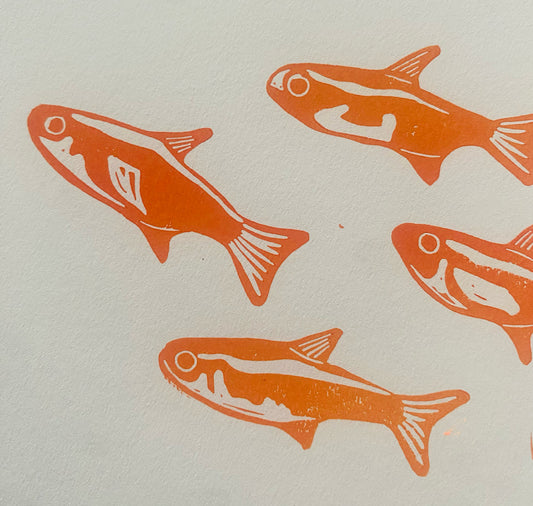 GINNY - Karte „Die Neonsalmler Orange“, Linoldruck