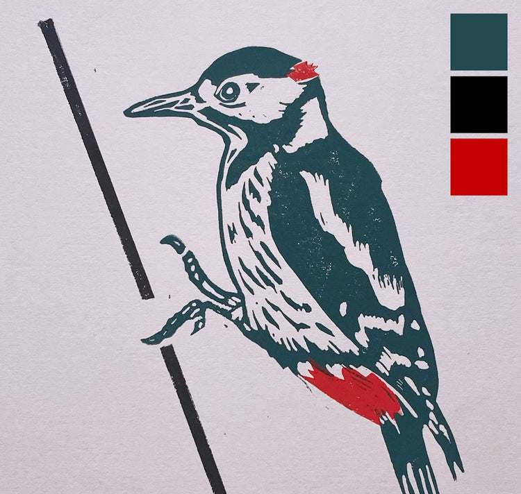 GINNY - Carte en édition limitée „Der Buntspecht“, linogravure