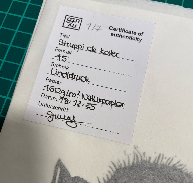GINNY - Karte „Struppi de Kater“, Linoldruck