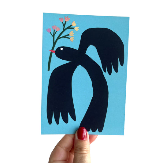 Jolanda Epprecht - Postkarte "Vogel mit Blume“ mit Holofolie