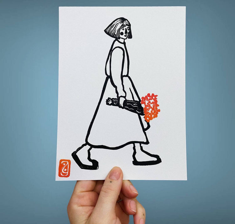 arion illustrated - Carta Linoleografia Originale "Fiori" 