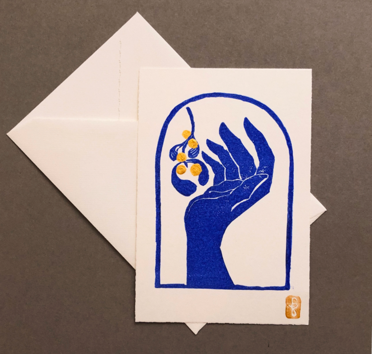arion illustriert - Karte Original Linoldruck „Mistelzweig“ Limited Edition (Blau Gold)