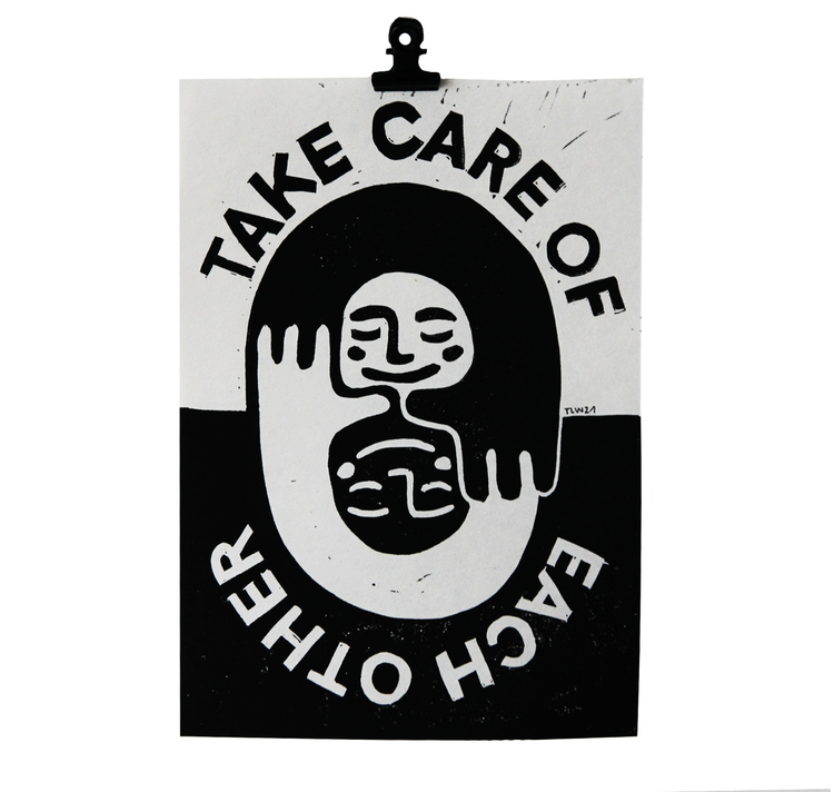 Talinolou - Original lino print "take care of each other"
